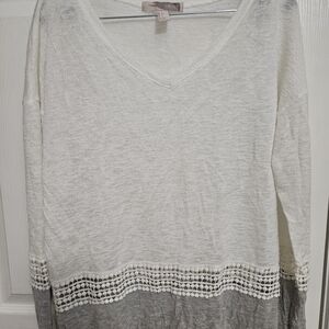 Women's White and Gray Lace Trim Top